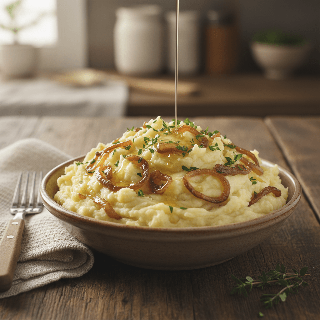 Creamy Caramelized Onion Mashed Potatoes in a rustic bowl