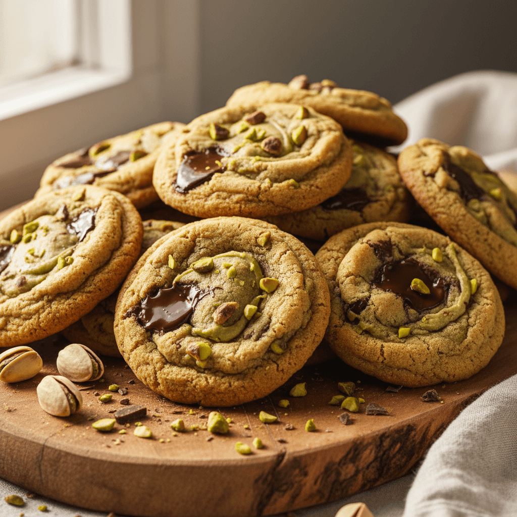 Freshly baked Pistachio Chocolate Chunk Cookies on a rustic wooden platter