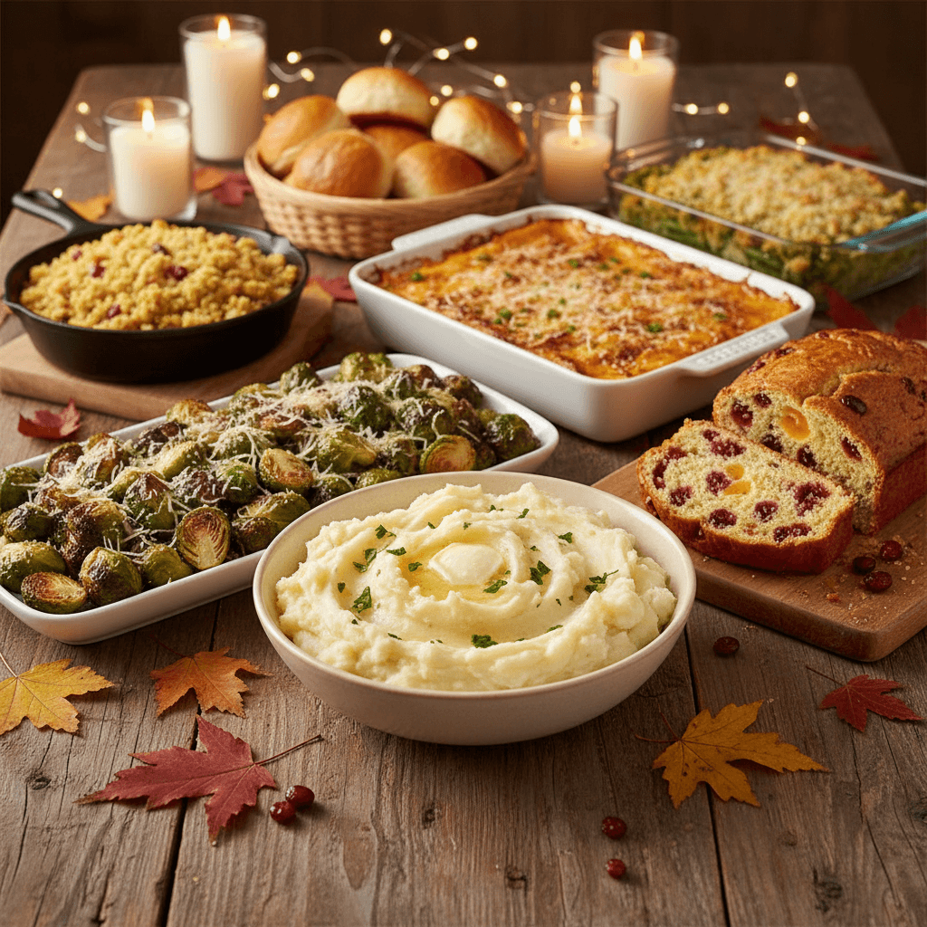 Thanksgiving side dishes on a festive table
