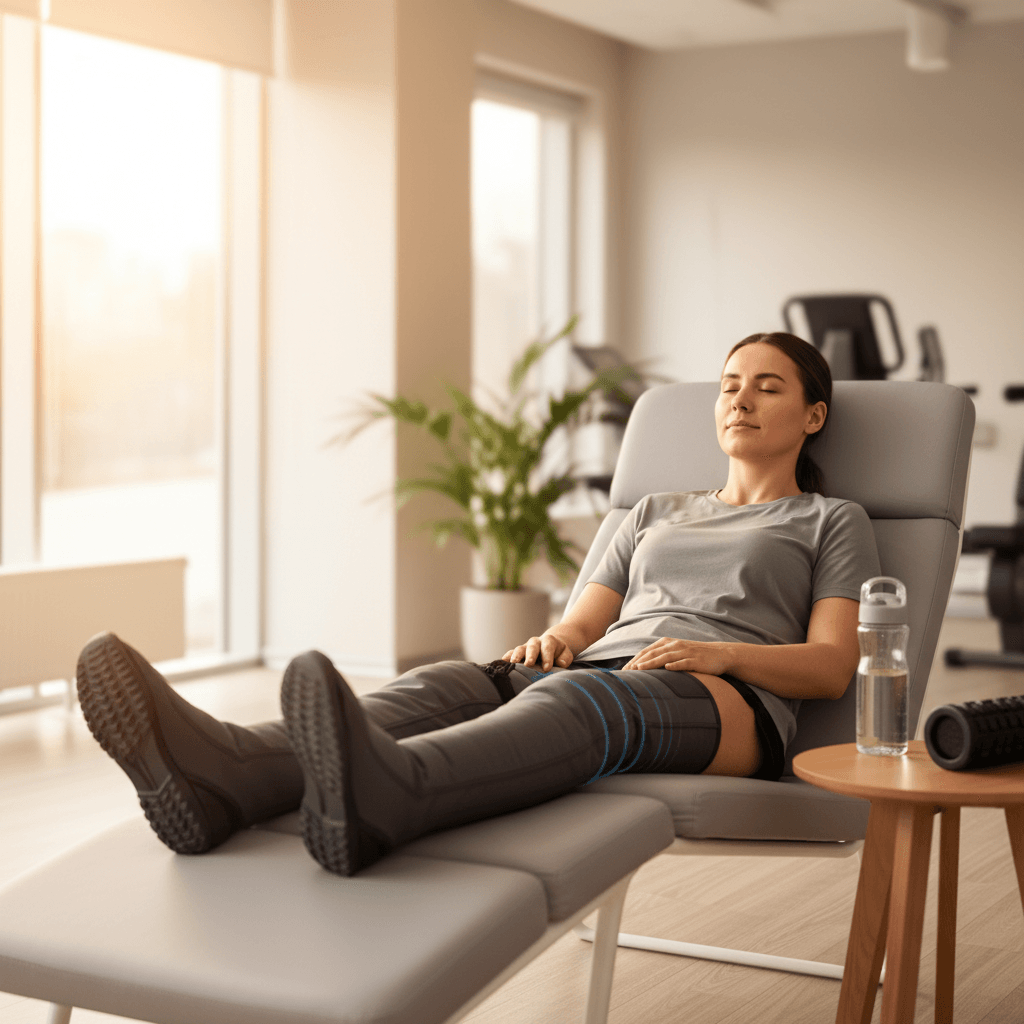 Athlete using compression boots during recovery