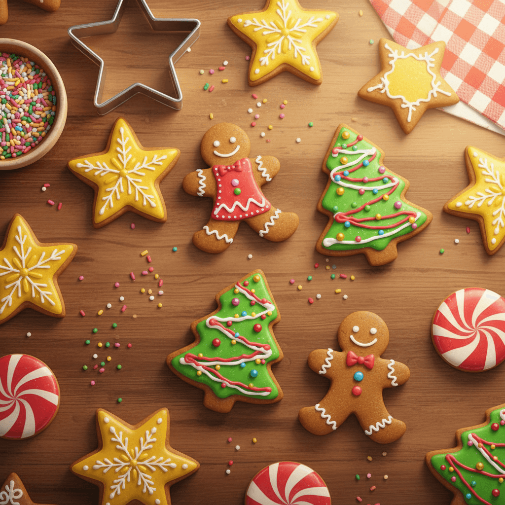 Festive assortment of Christmas cookies on a wooden table