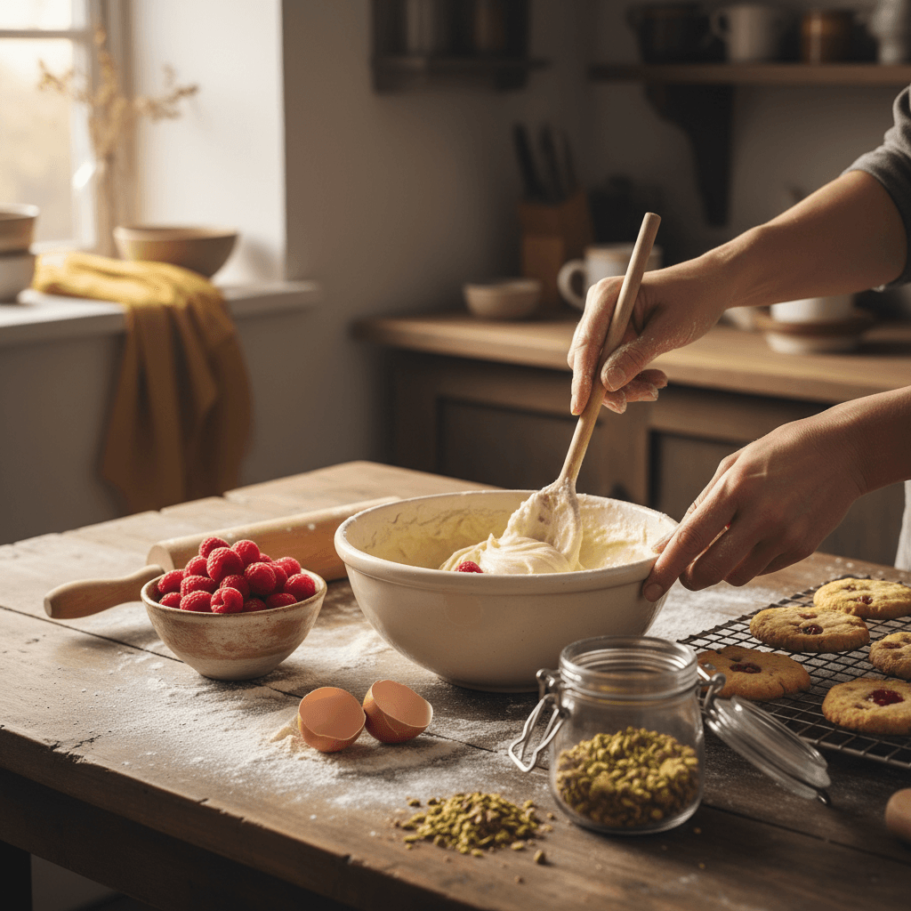 Hands mixing batter in a ceramic bowl on a rustic wooden table surrounded by baking ingredients and partially baked cookies, warm afternoon light creating a cozy holiday atmosphere.