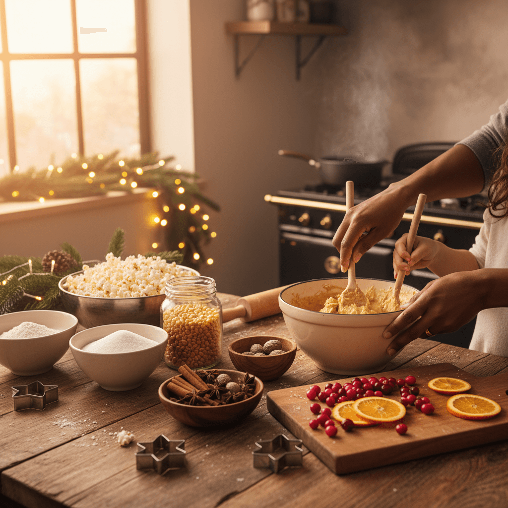 Holiday kitchen prep festive scene