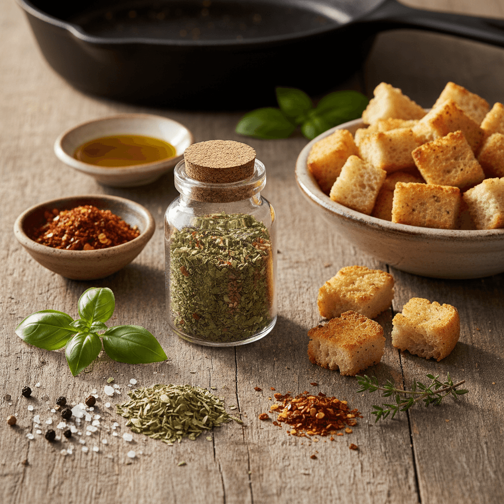 Homemade Italian seasoning and homemade croutons on a wooden surface