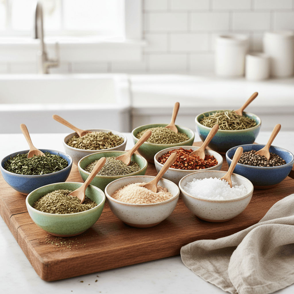A colorful assortment of dried herbs and spices used in Homemade Italian Seasoning