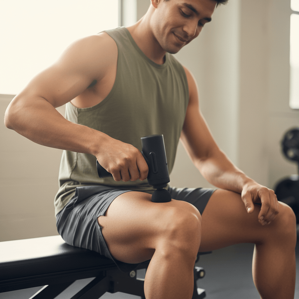 Person using a massage gun on their thigh, showing relaxed relief and muscle recovery