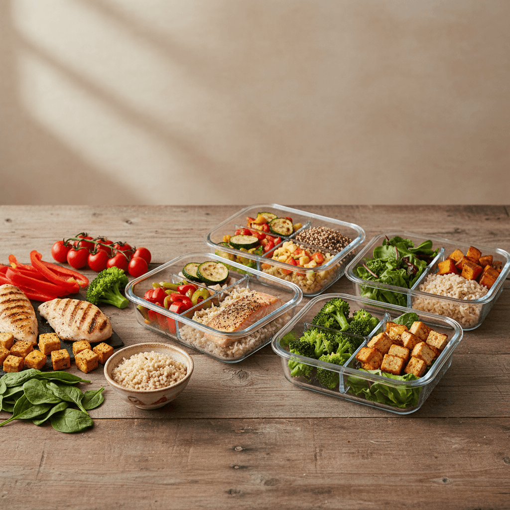 Meal prep containers with grilled chicken, salmon, tofu, vegetables and quinoa for meal prep and protein rich meals