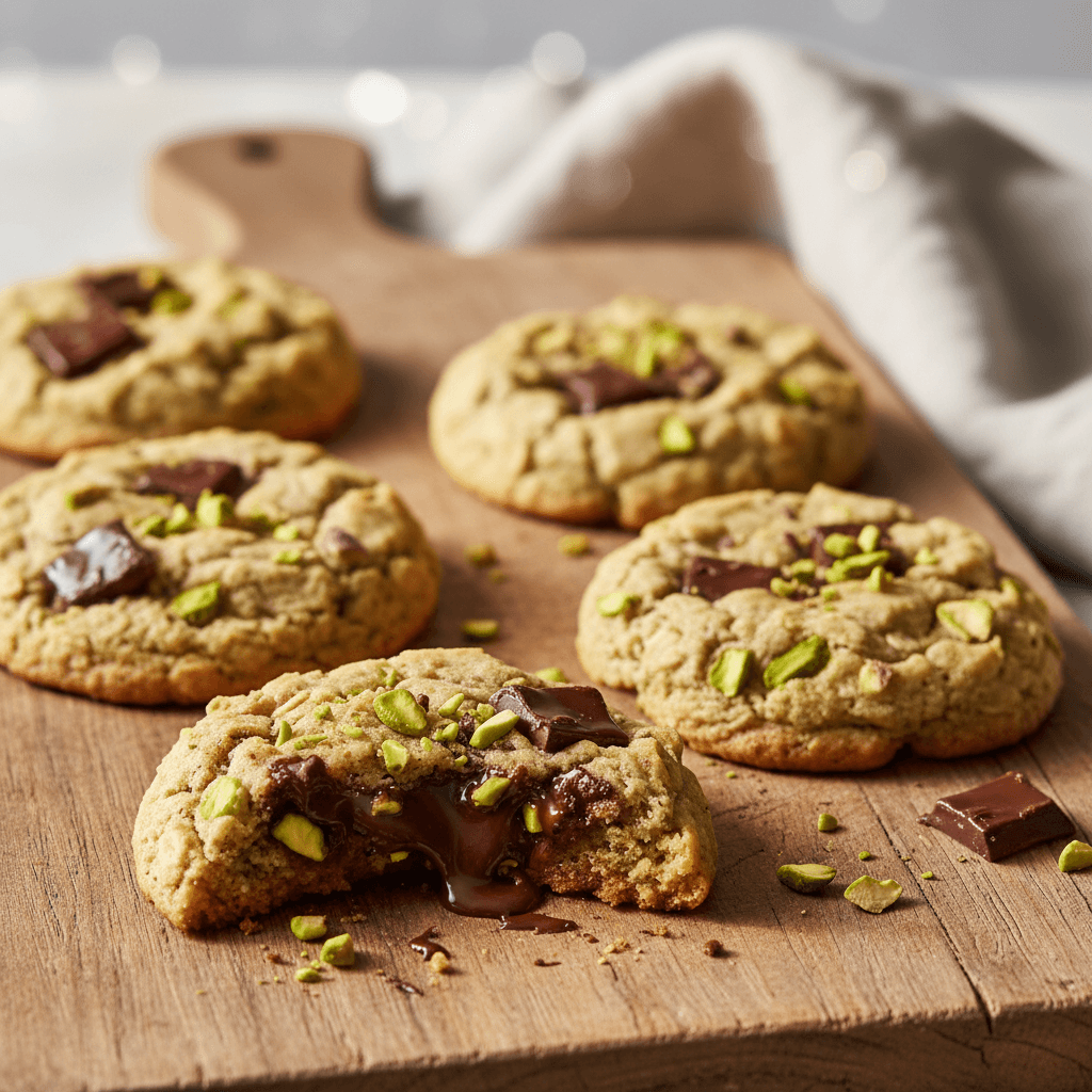 Close up of freshly baked Pistachio Chocolate Chunk Cookies on a rustic wooden board, showing gooey dark chocolate chunks, chopped green pistachios, and chewy oats
