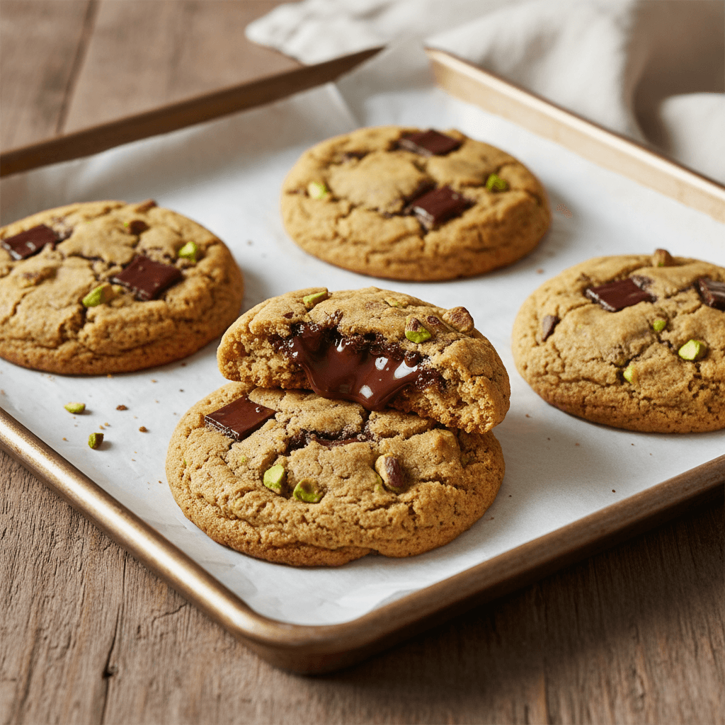 A close-up of freshly baked Pistachio Chocolate Chunk Cookies on parchment. The cookies show golden brown cracked tops, green pistachio pieces, and large dark chocolate chunks. One cookie is broken in half to reveal melty chocolate inside. Warm side lighting highlights the texture and invites the viewer to reach in.