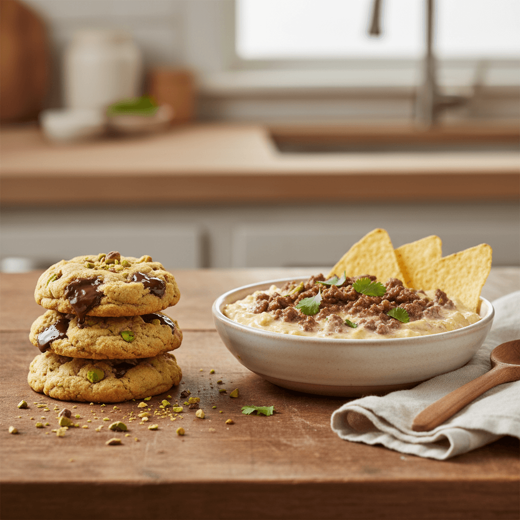 A warm, rustic food photo showing a small stack of pistachio chocolate chunk cookies with visible green pistachio bits on the left and a shallow ceramic bowl of creamy ground beef cottage cheese queso on the right. The queso is topped with browned ground beef and chopped cilantro with tortilla chips leaning against the bowl. Soft natural light highlights the textures and warm tones, evoking homemade comfort and wholesome flavor.