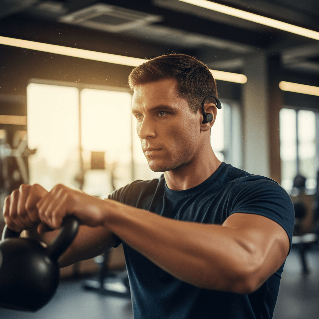 Athlete wearing flexible wingtips of earbuds during an intense gym workout, motion blur on the moving limb and warm gym lighting, no text or logos