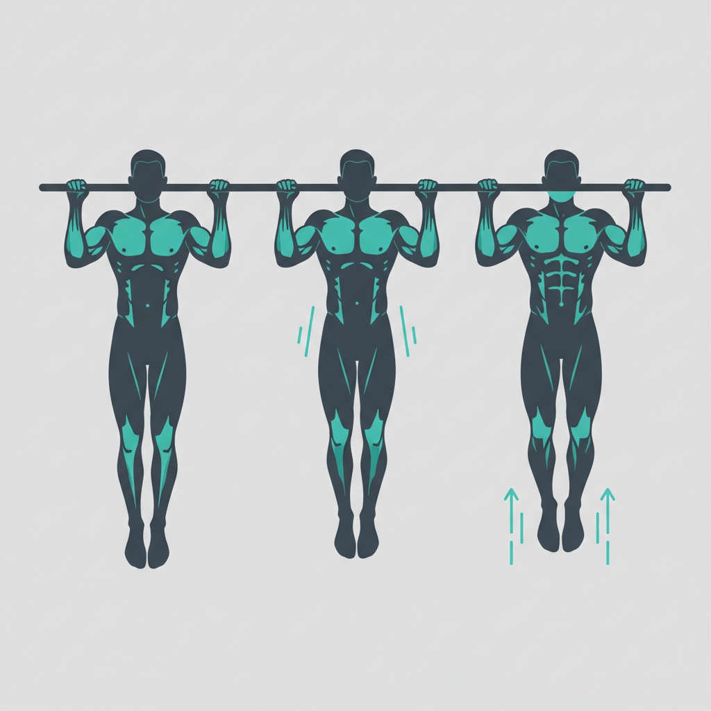 Illustration showing three sequential stages of a pullup: dead hang, mid pull, and chin above the bar. The figures are stylized silhouettes with teal highlights on engaged muscles and subtle motion lines suggesting upward movement. The background is neutral and uncluttered, making form easy to read.