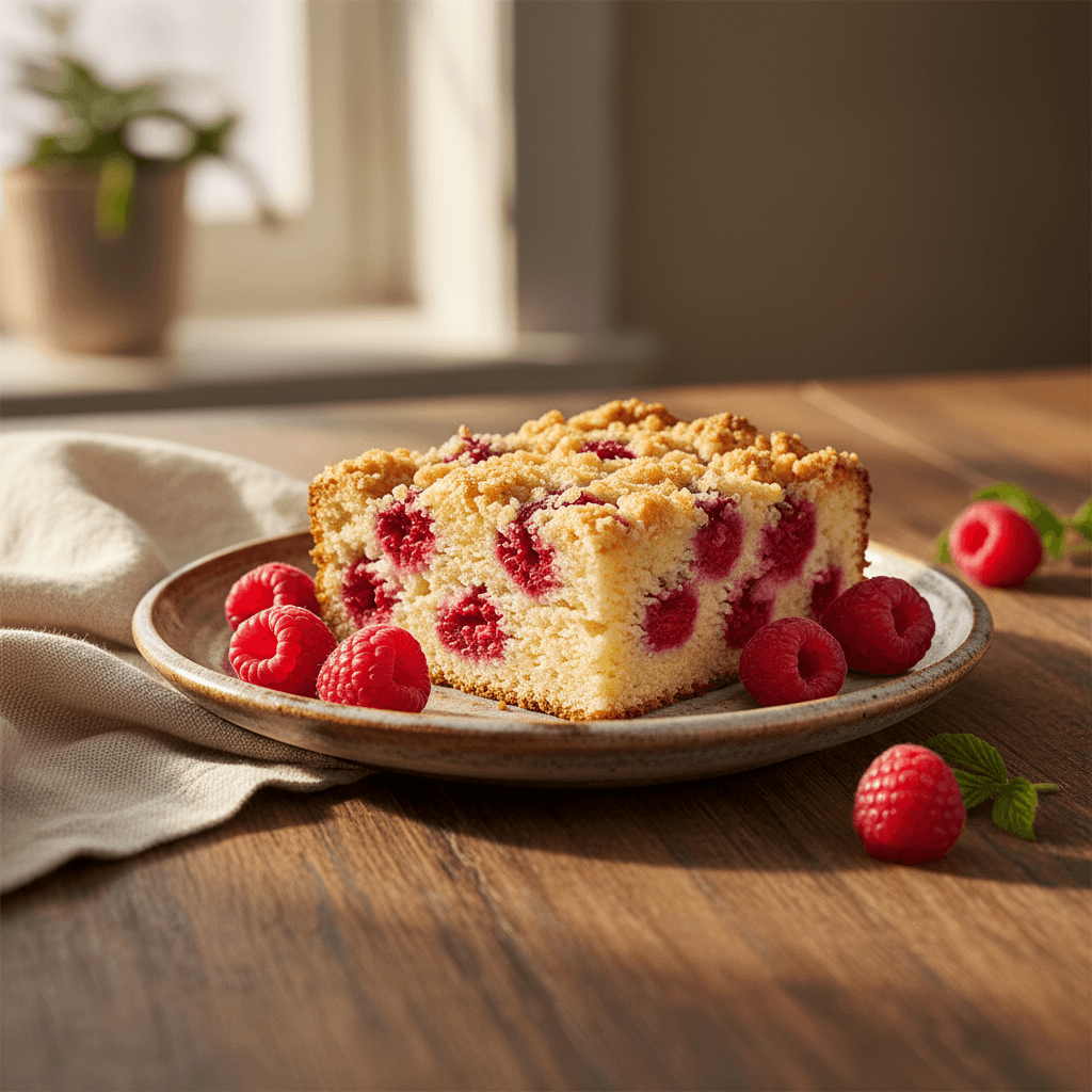 Slice of Raspberry Cottage Cheese Breakfast Cake on a rustic ceramic plate with fresh raspberries scattered around, warm natural morning light, soft shadows, and a cozy wooden table background.