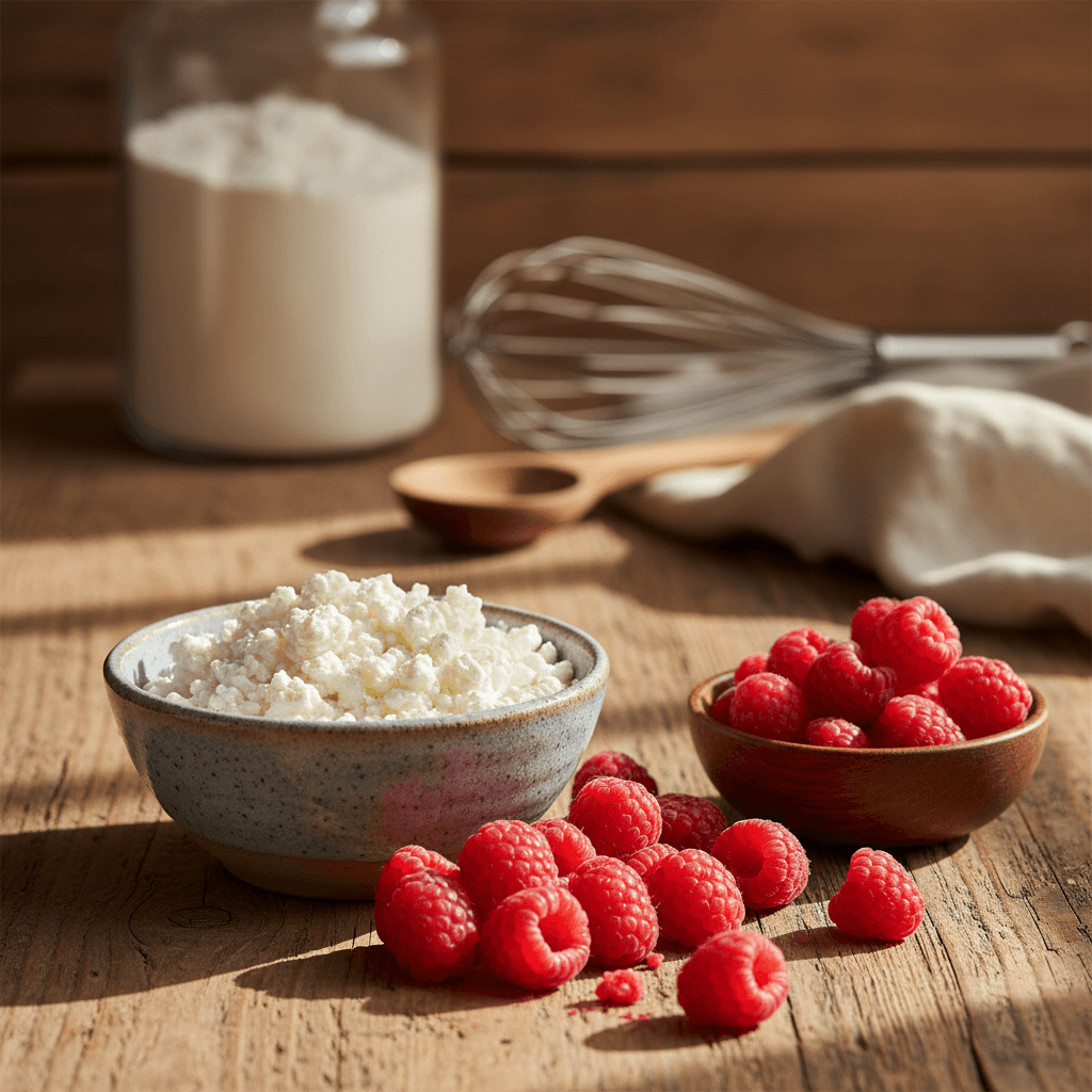 Fresh raspberries and creamy cottage cheese on a rustic wooden countertop