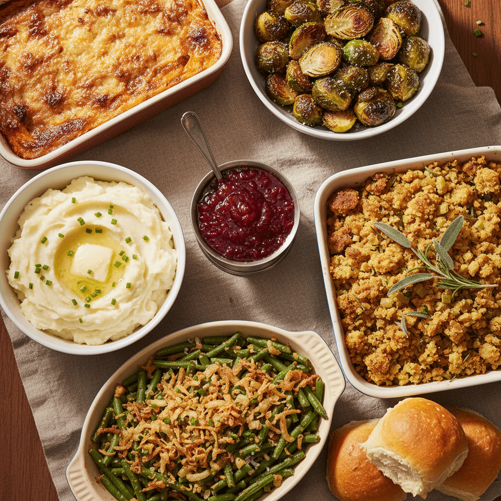 A vibrant top-down spread of Thanksgiving sides including cranberry sauce, creamy mashed potatoes with butter, green bean casserole with crispy topping, cornbread stuffing, golden dinner rolls, Parmesan roasted Brussels sprouts, and sweet potatoes au gratin.