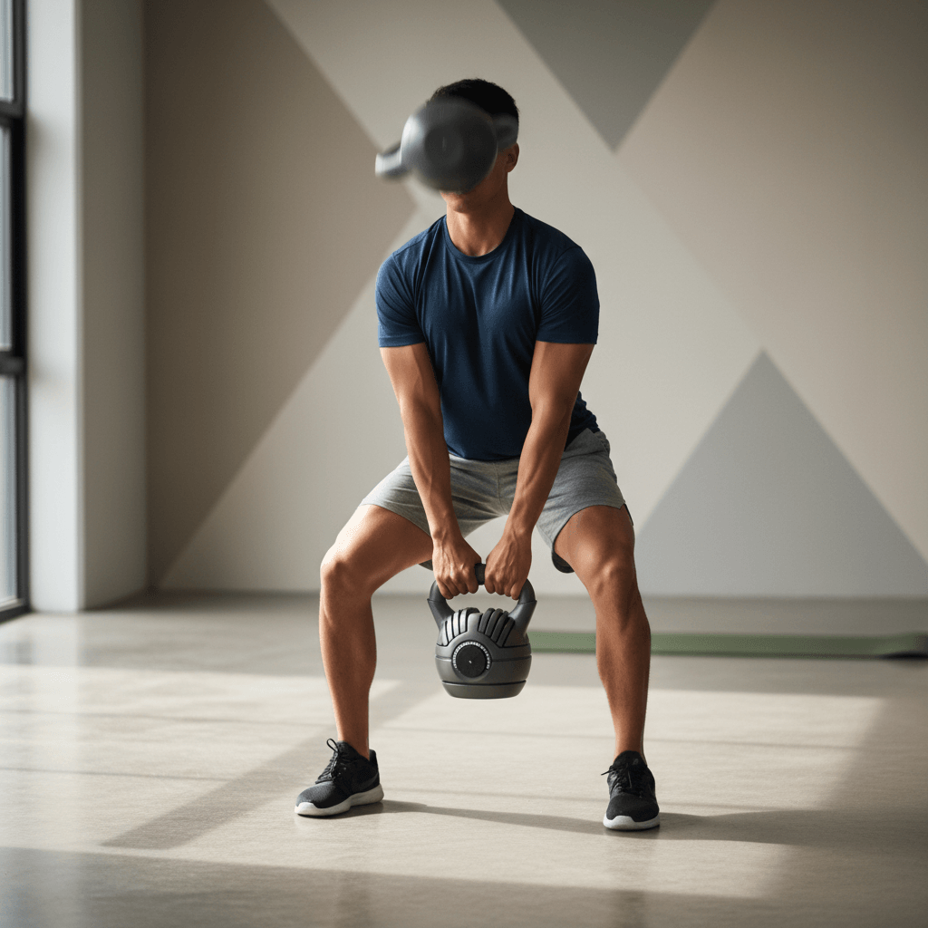 Person using an adjustable kettlebell in mid-motion in a clean gym setting