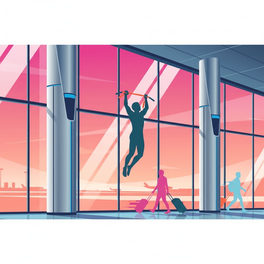 Illustration of a person doing pullups in an airport terminal on a portable pullup bar, stylized vibrant colors, travelers passing by with rolling luggage, large windows showing planes on tarmac.