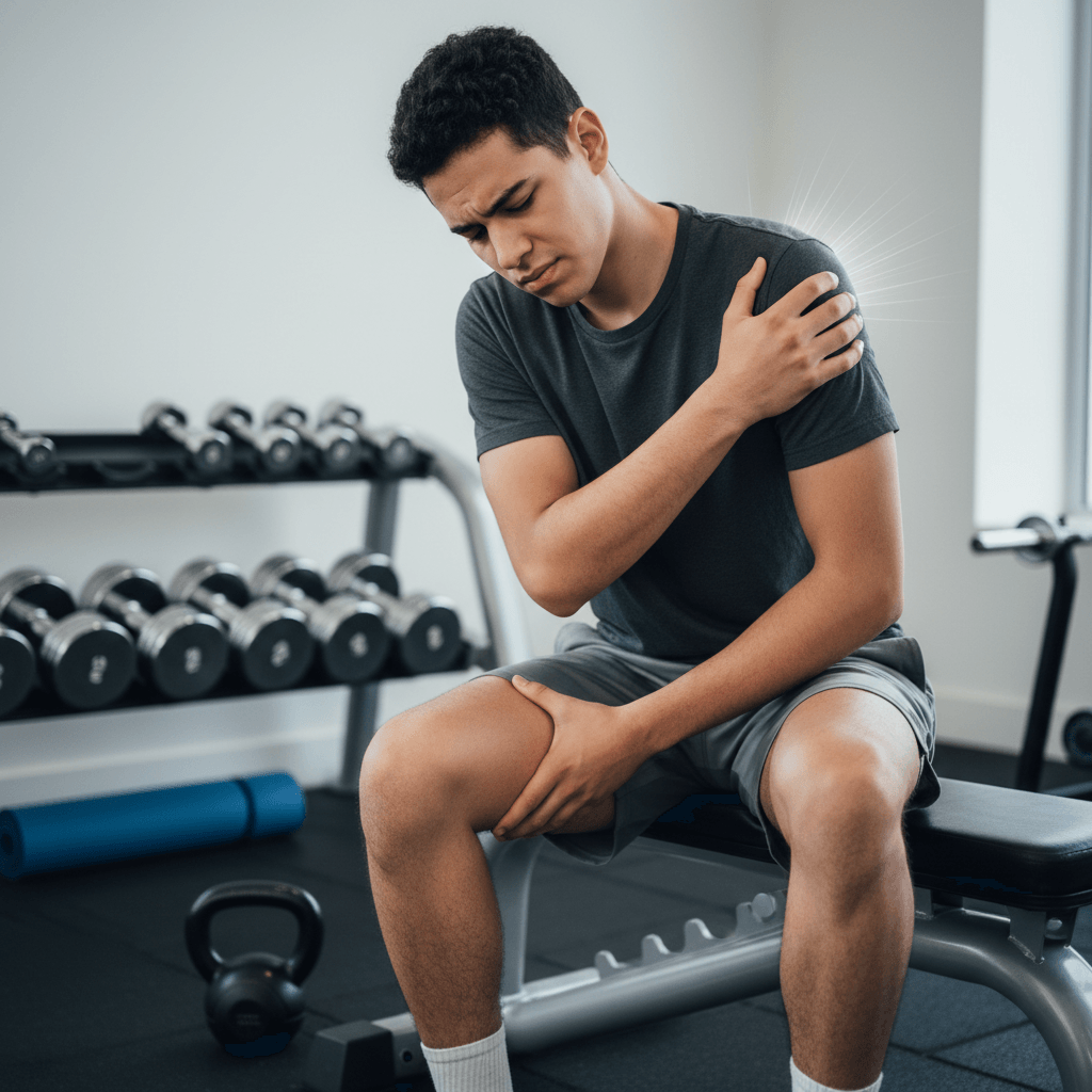 Person in a gym sitting on a bench, holding thigh and shoulder to indicate post-workout muscle soreness