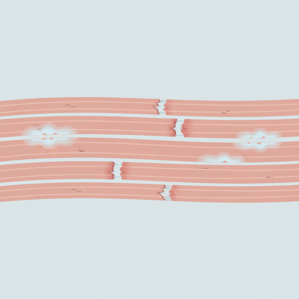 Illustration of muscle fibers with microtears and mild inflammation