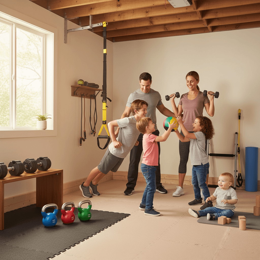 A warm, inviting family home gym with parents, teens, and young kids exercising together