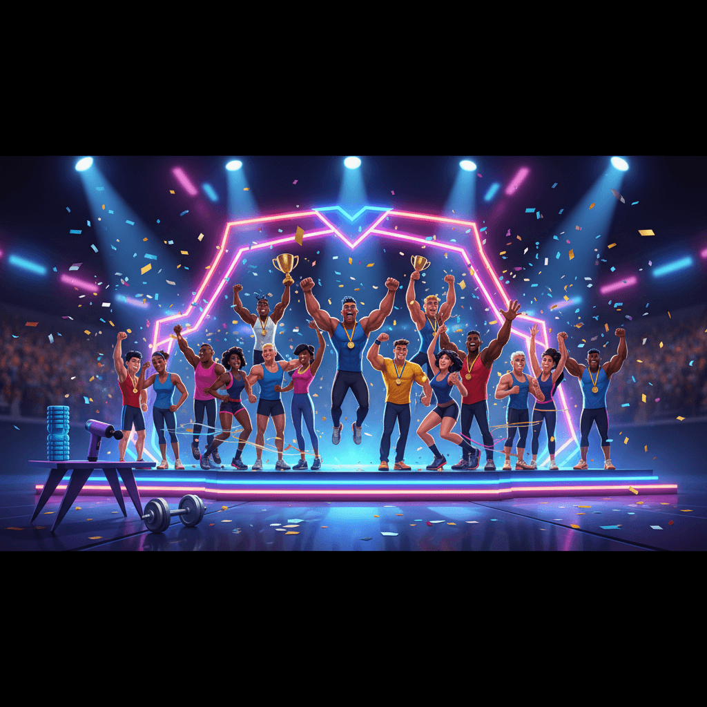 A vibrant celebration scene with diverse athletes on a stage, jumping and cheering under colorful spotlights and confetti. Gym recovery tools sit nearby and motion blur conveys energy and triumph.
