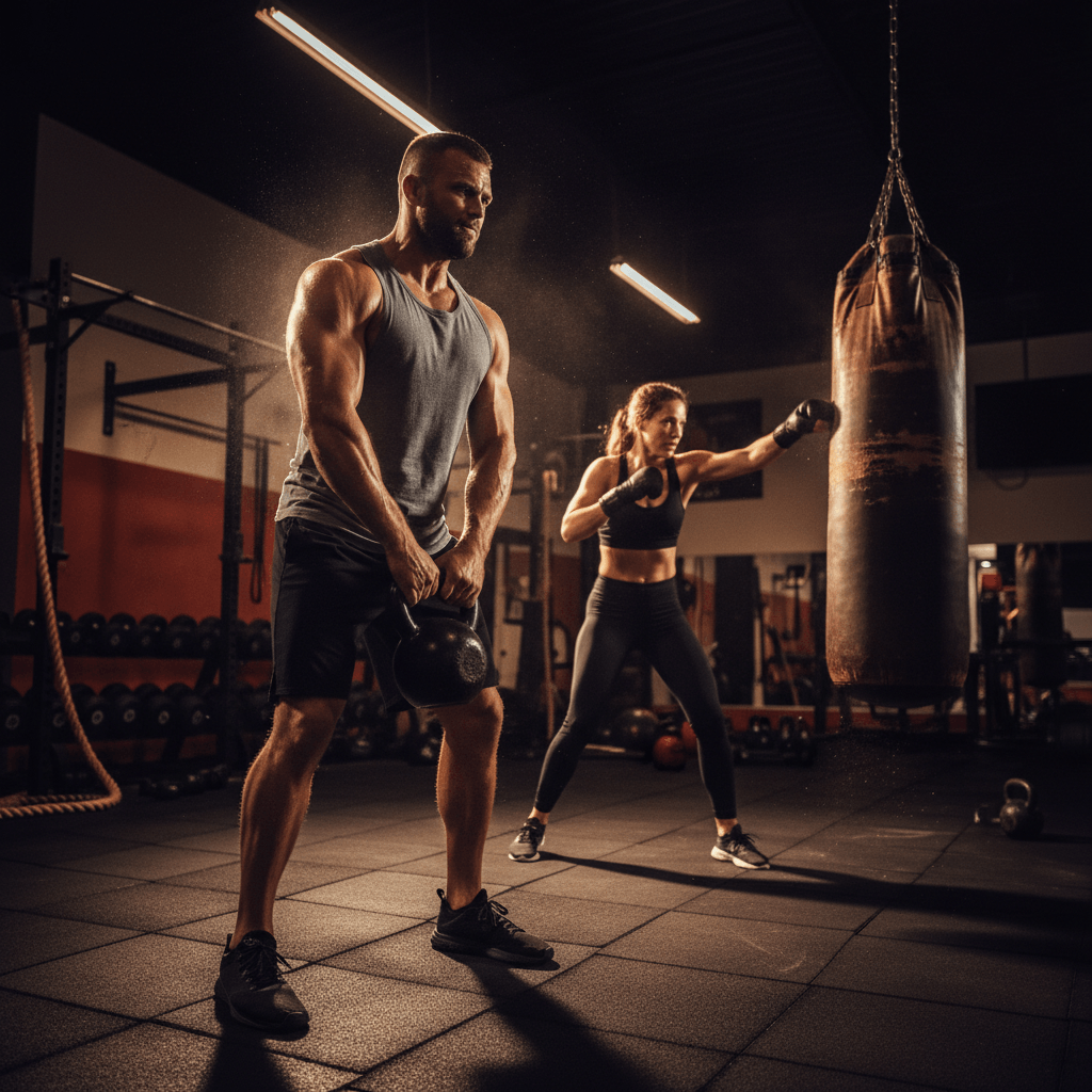 Dynamic gym scene with an athlete performing a powerful kettlebell swing in the foreground and a fighter striking a heavy bag in the background, dramatic lighting and motion blur to convey speed and intensity.