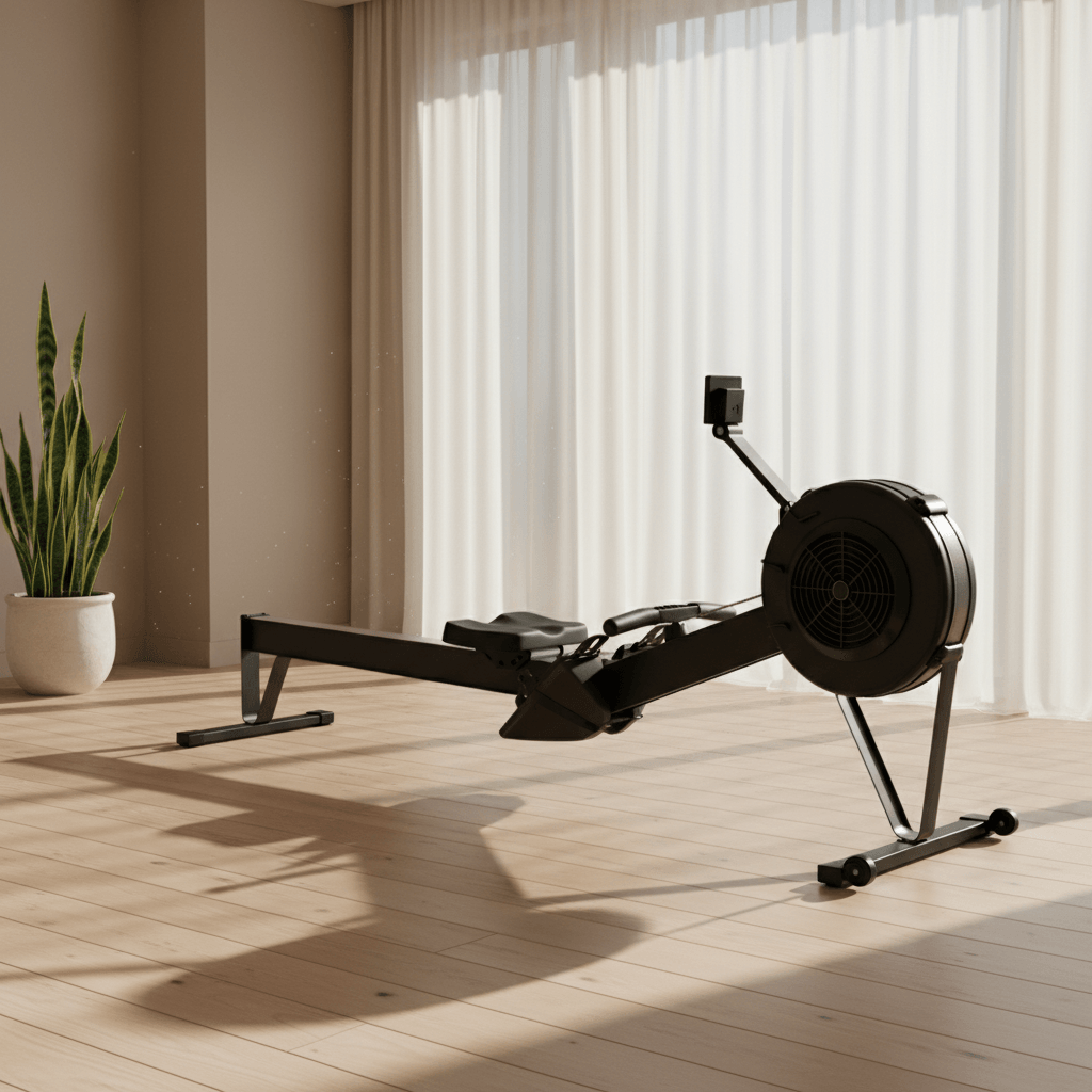 Modern rowing machine in a clean home gym