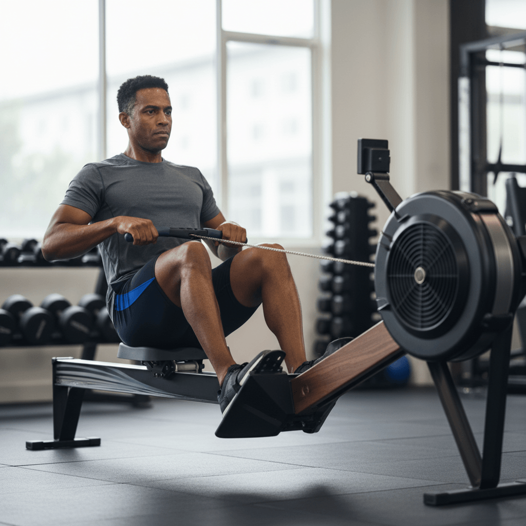 A fit adult in athletic gear using a modern indoor rowing machine in a clean gym. The user is mid-drive with good form, back straight, legs extended, and concentrated expression. Soft natural lighting highlights the rower and faint gym equipment in the background.