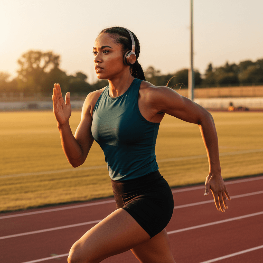 Athlete wearing workout headphones in a dynamic training scene, focused and energized