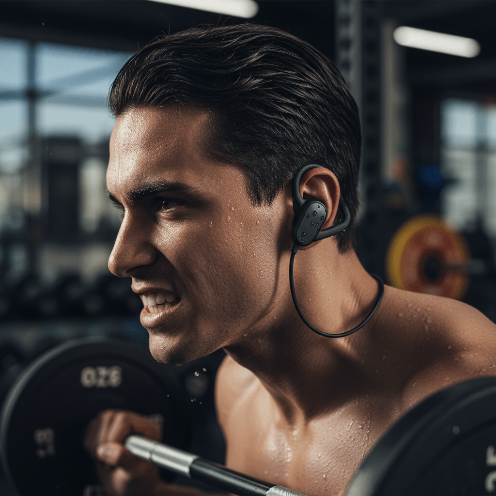 Workout headphones in use during an intense gym session