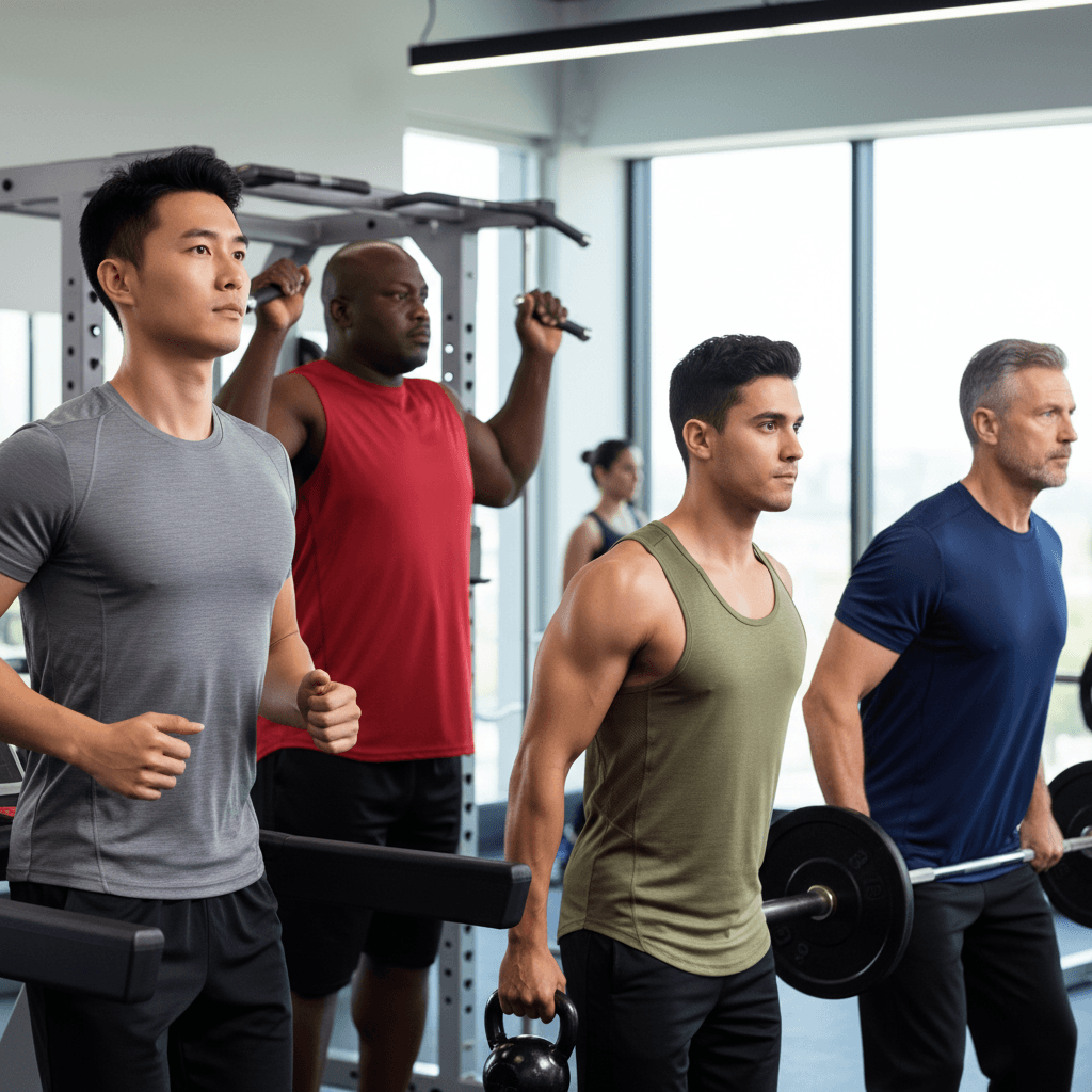 Men in gym wearing different workout shirts