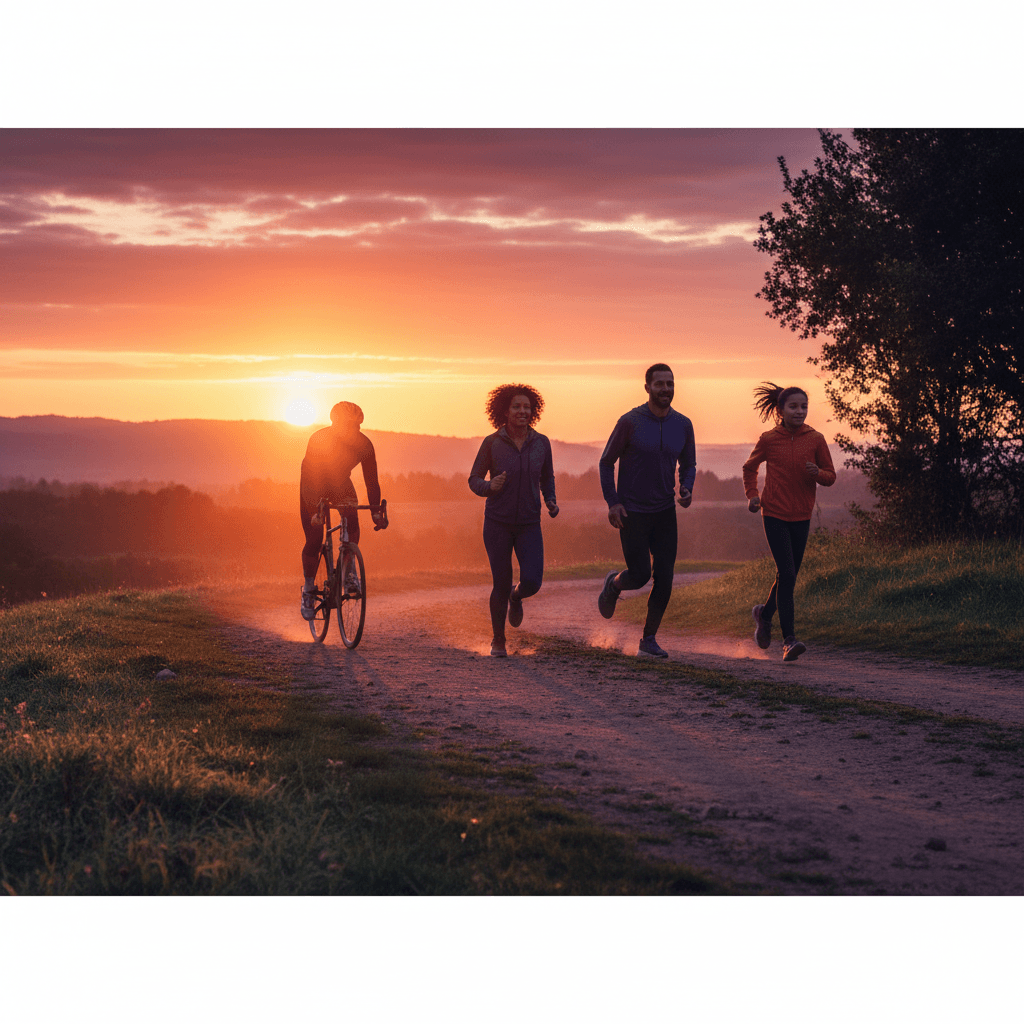 Runners and a cyclist at sunrise