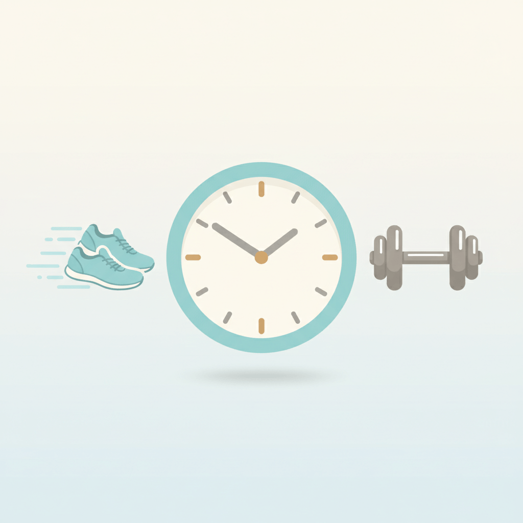 Clock with running shoes and a dumbbell illustrating cardio to weight sequencing