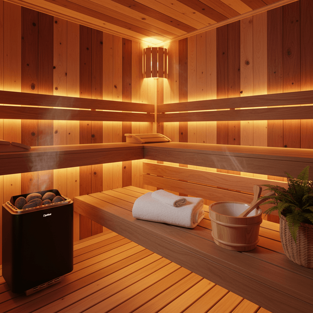 Cozy home sauna interior with warm hemlock wood, soft amber lighting, a wooden bucket and ladle, folded towel, and a small potted plant. The scene has gentle steam haze and an uncluttered, inviting composition.