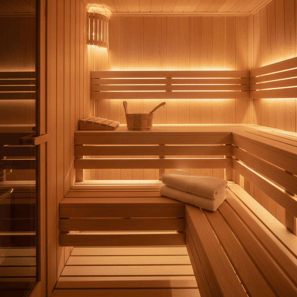 Cozy home sauna interior with warm amber lighting, cedar wood benches, wooden bucket and ladle, folded towel, and subtle steam haze to evoke relaxation and wellness.