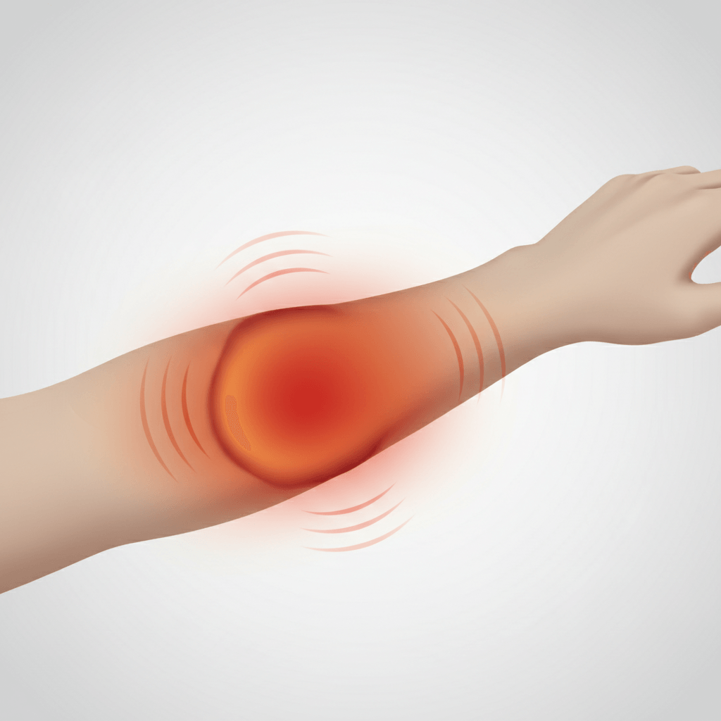 Illustration of a close-up thigh showing warm red and orange tones over the muscle belly, soft radiating lines suggesting throbbing, and a subtle halo indicating swelling. The background is neutral to keep focus on the sore area.