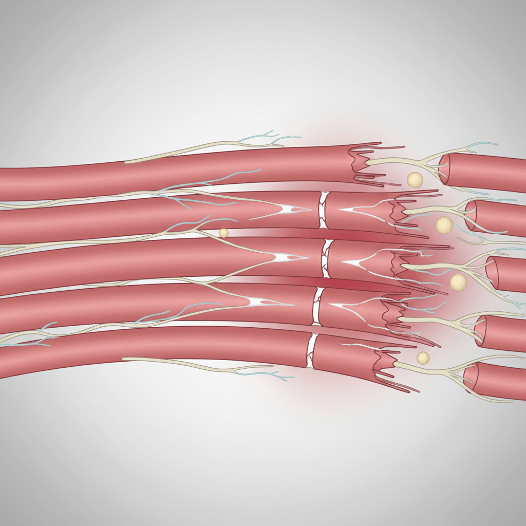 Close up illustration of skeletal muscle fibers showing small micro tears, frayed ends, and subtle inflammation glow to visualize delayed-onset muscle soreness (DOMS).