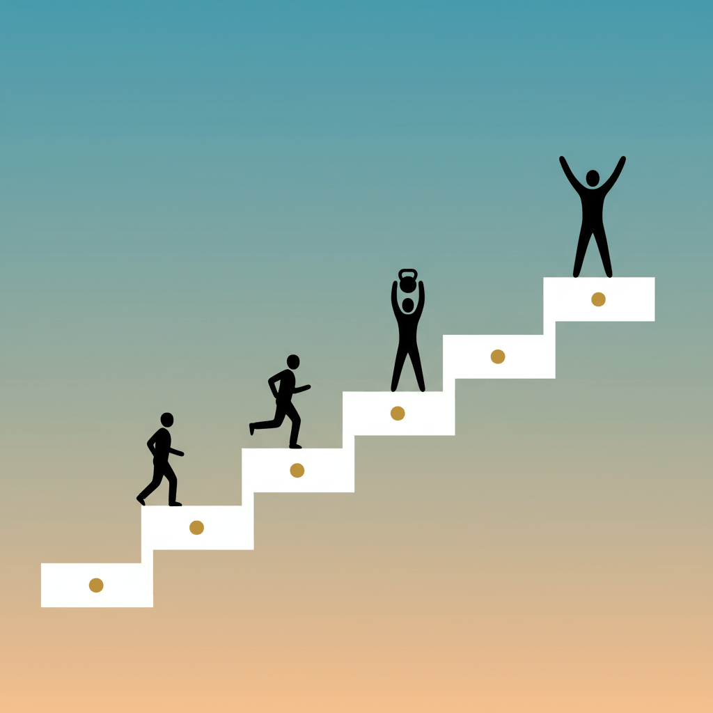 Stylized ascending path with four human silhouettes showing progression from walking to jogging to lifting to triumph, warm gradient background
