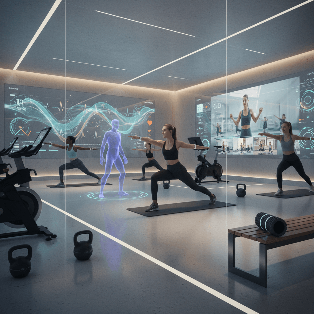 Futuristic gym showcasing wearable devices and virtual coaching