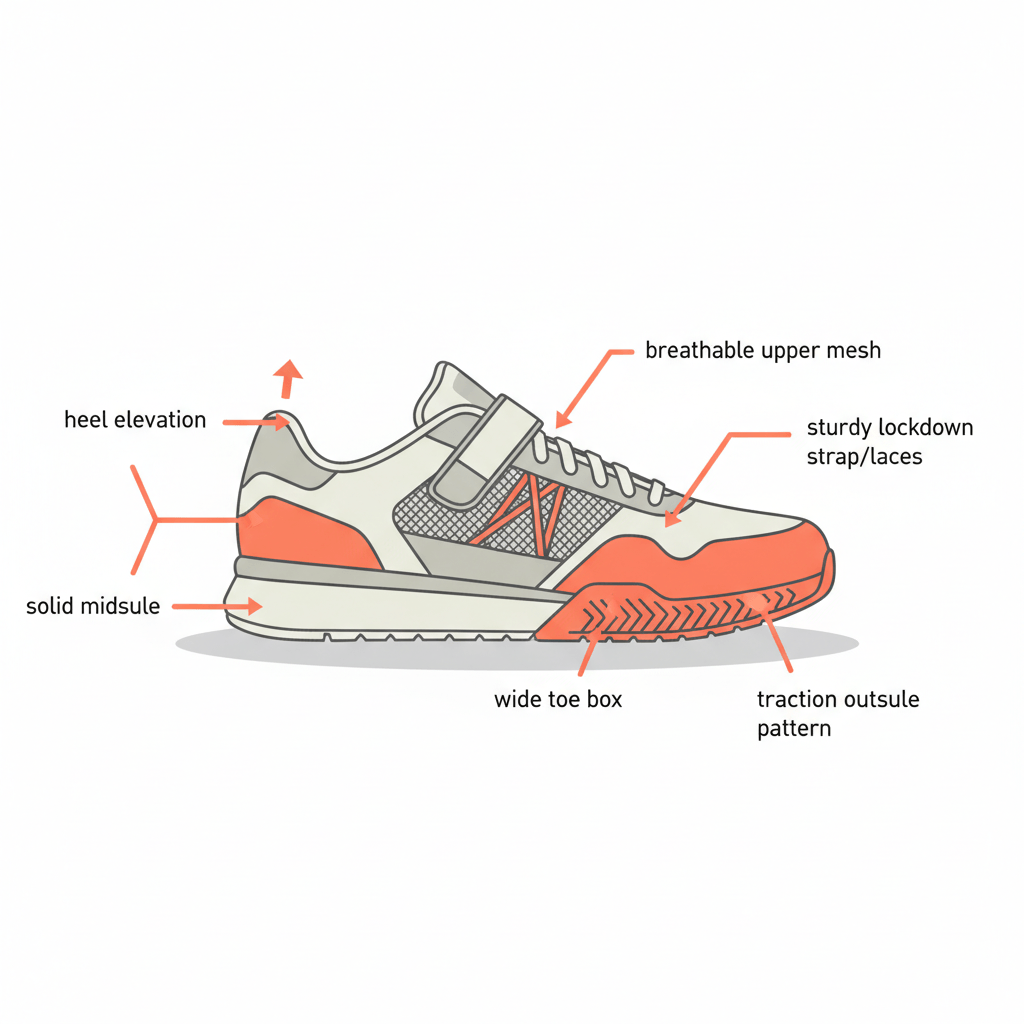 Illustration of a gym shoe cutaway highlighting heel wedge midsole wide toe box traction breathable upper and lockdown strap