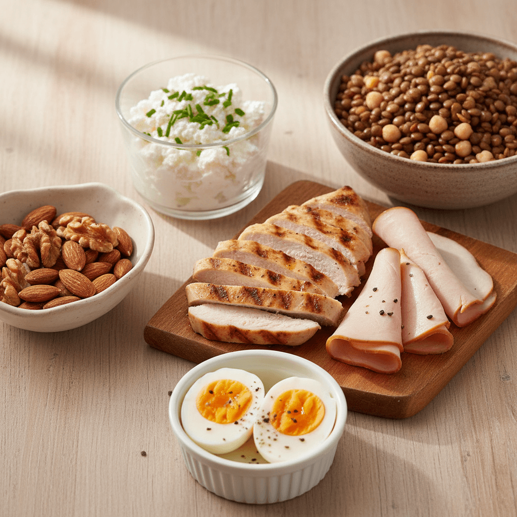Fresh plate of high-protein foods including sliced grilled chicken breast, turkey slices, a bowl of lentils, halved boiled eggs, mixed nuts, and cottage cheese arranged on a light wooden table. Natural soft daylight and warm tones create an inviting composition.