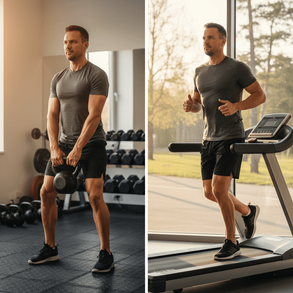 Fit man performing kettlebell swing and running to represent strength and endurance training