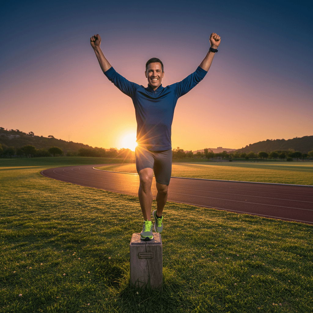 Athlete celebrating a fitness milestone at sunrise