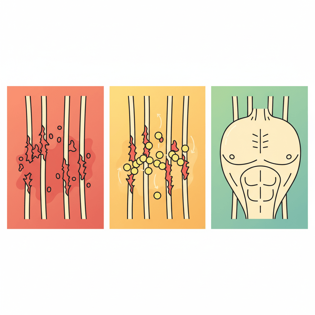 Simple vector diagram showing three panels of the muscle growth cycle: red-tinted damage with torn fibers, yellow-tinted repair with satellite cells moving toward fibers, and green-tinted hypertrophy with thicker fibers.