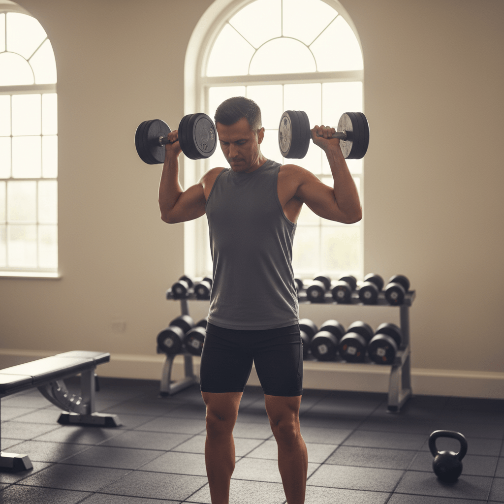 A person performing a dumbbell shoulder press in a clean gym, showing proper form and visible muscle engagement, with adjustable dumbbells and a kettlebell in the background.