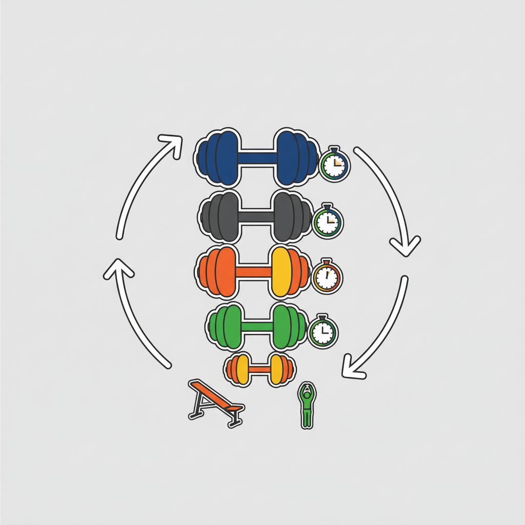 Diagram concept showing five stacked dumbbells with stopwatch icons and recovery symbols