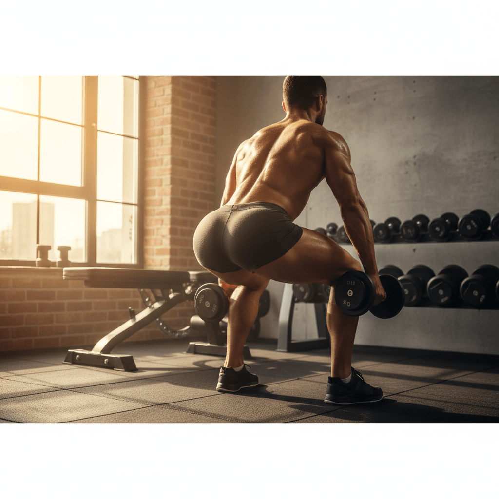 A motivated lifter performs a dumbbell squat in a well-lit home gym, showcasing strength and focused effort with an adjustable bench and dumbbells nearby.