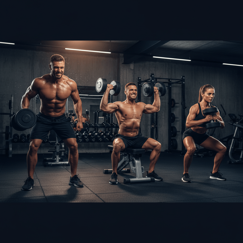 Muscular athletes training intensely