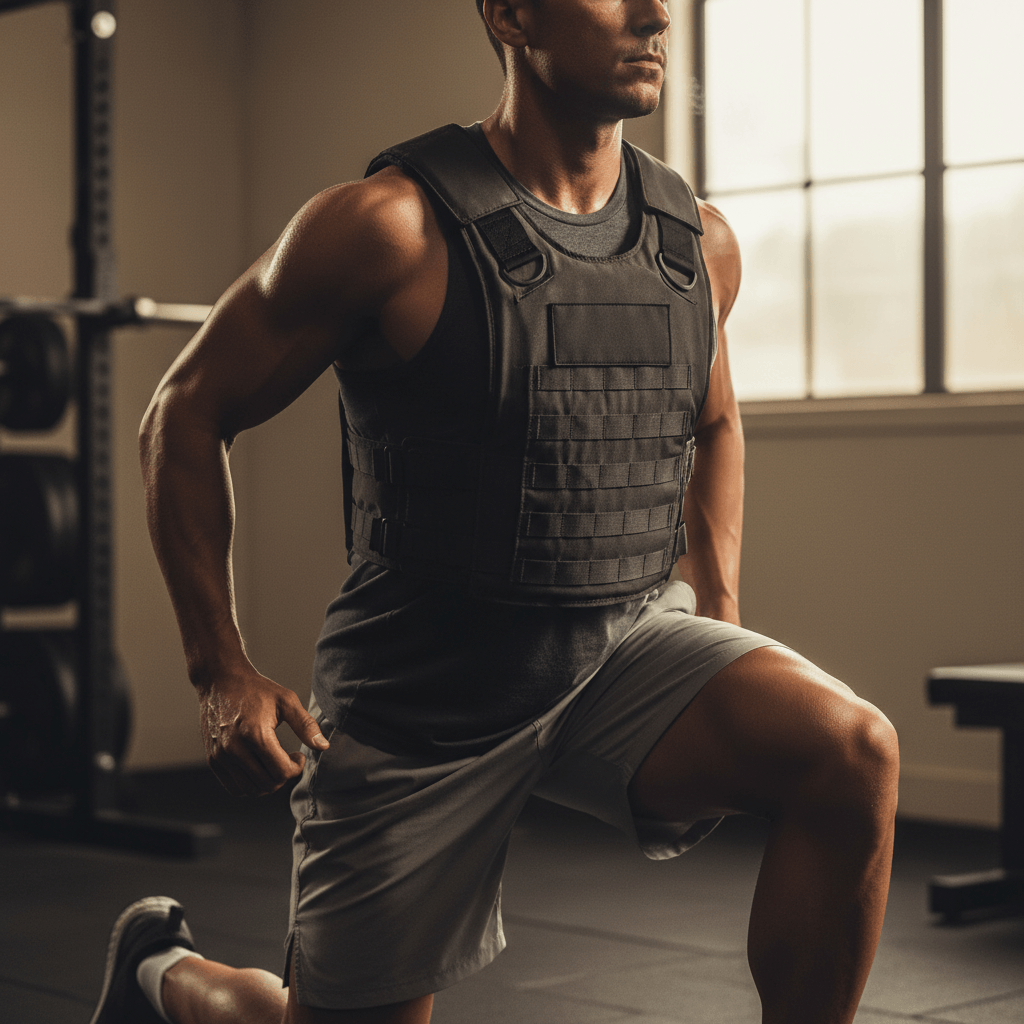 Person wearing a weighted vest during a workout